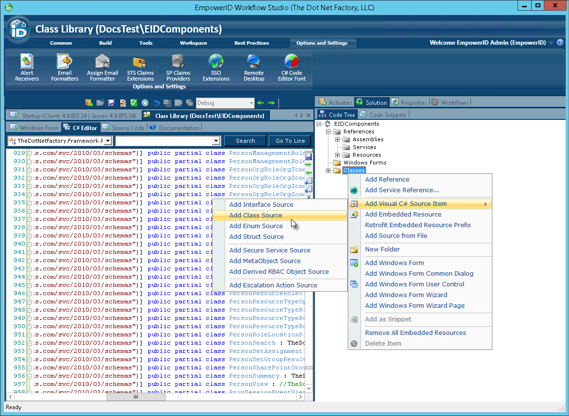 Add class source menu item